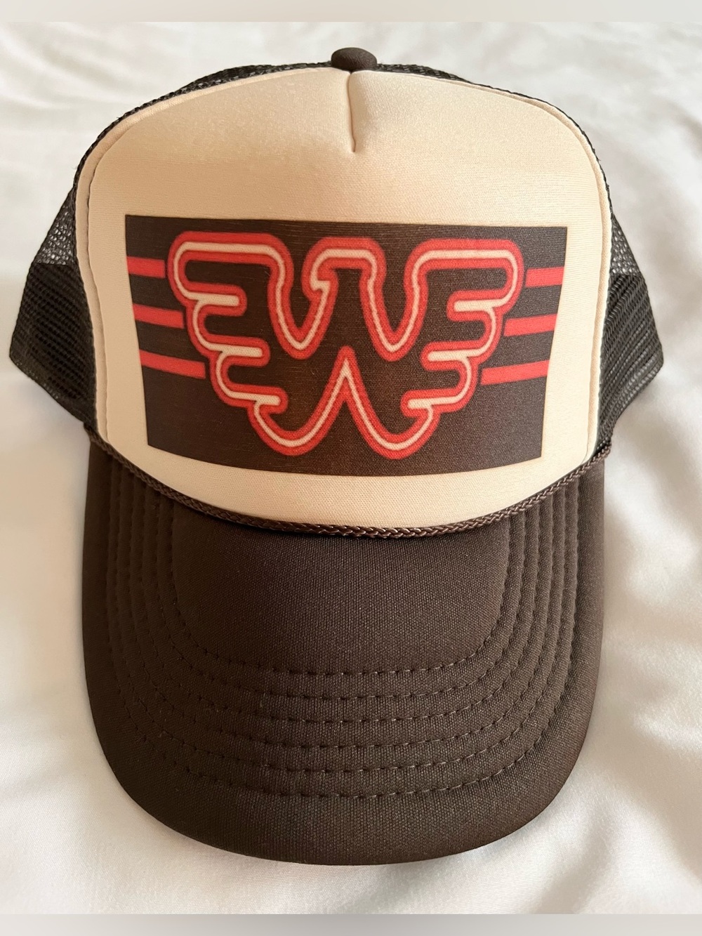 Waylon Jennings Brown and Cream Trucker Hat with Red
Wing Logo - Picture 2 of 6